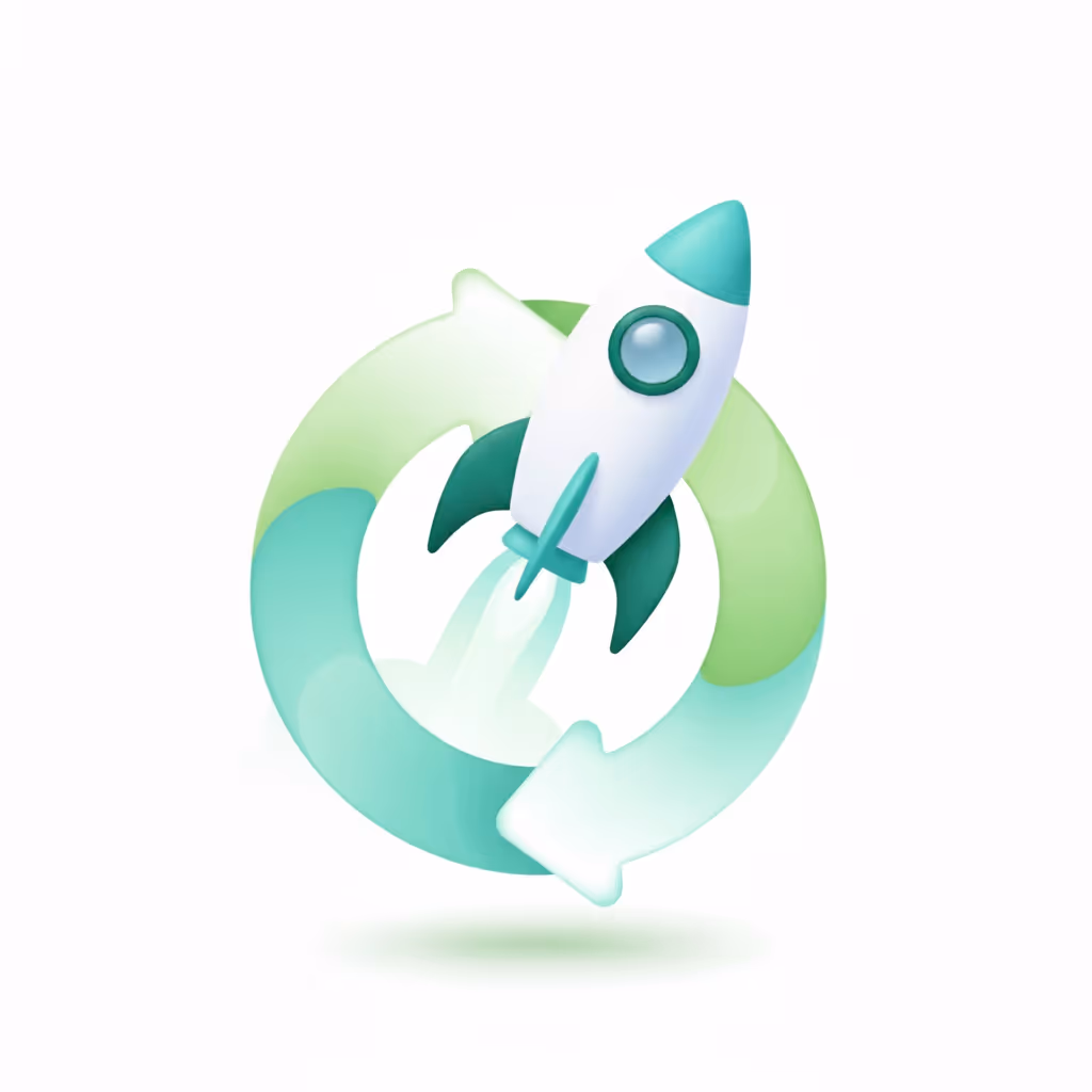 White and teal rocket launching centered inside a green and teal circular arrow symbol.