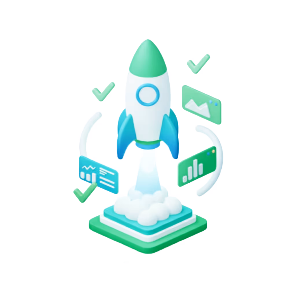 Illustration of a green and blue rocket launching with data charts and check marks around it, symbolizing successful project or startup growth.
