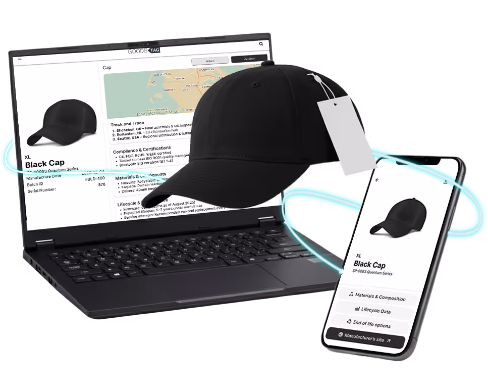Black baseball cap with a tag displayed between a laptop showing product details and a smartphone screen with the same cap image and product info.