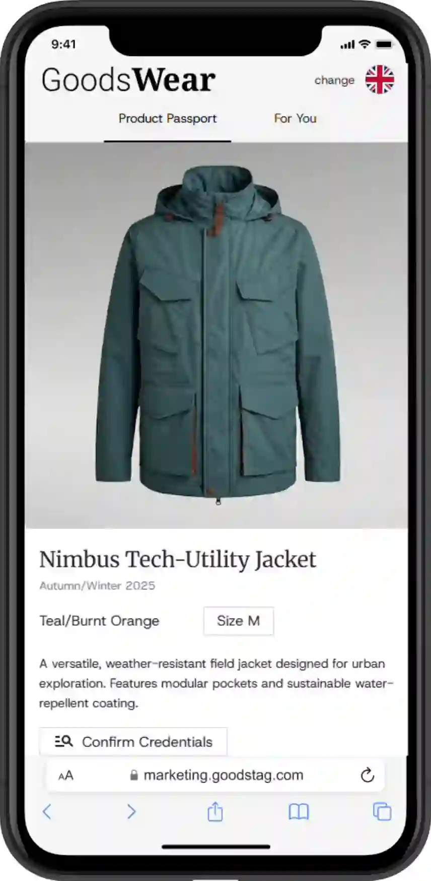 Mobile screen showing GoodsWear product page and the features of GoodsTag's Fashion Digital Product Passport with a teal Nimbus Tech-Utility Jacket featuring modular pockets and sustainable water-repellent coating, size M.